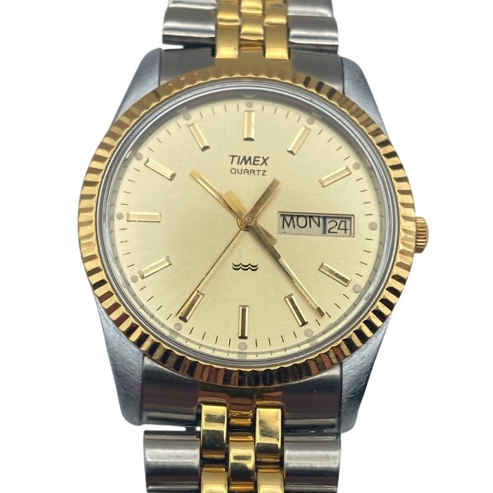 VTG Timex President Fluted Men's Watch 34mm-Fresh Battery Day Date WR 6.5-6.75"